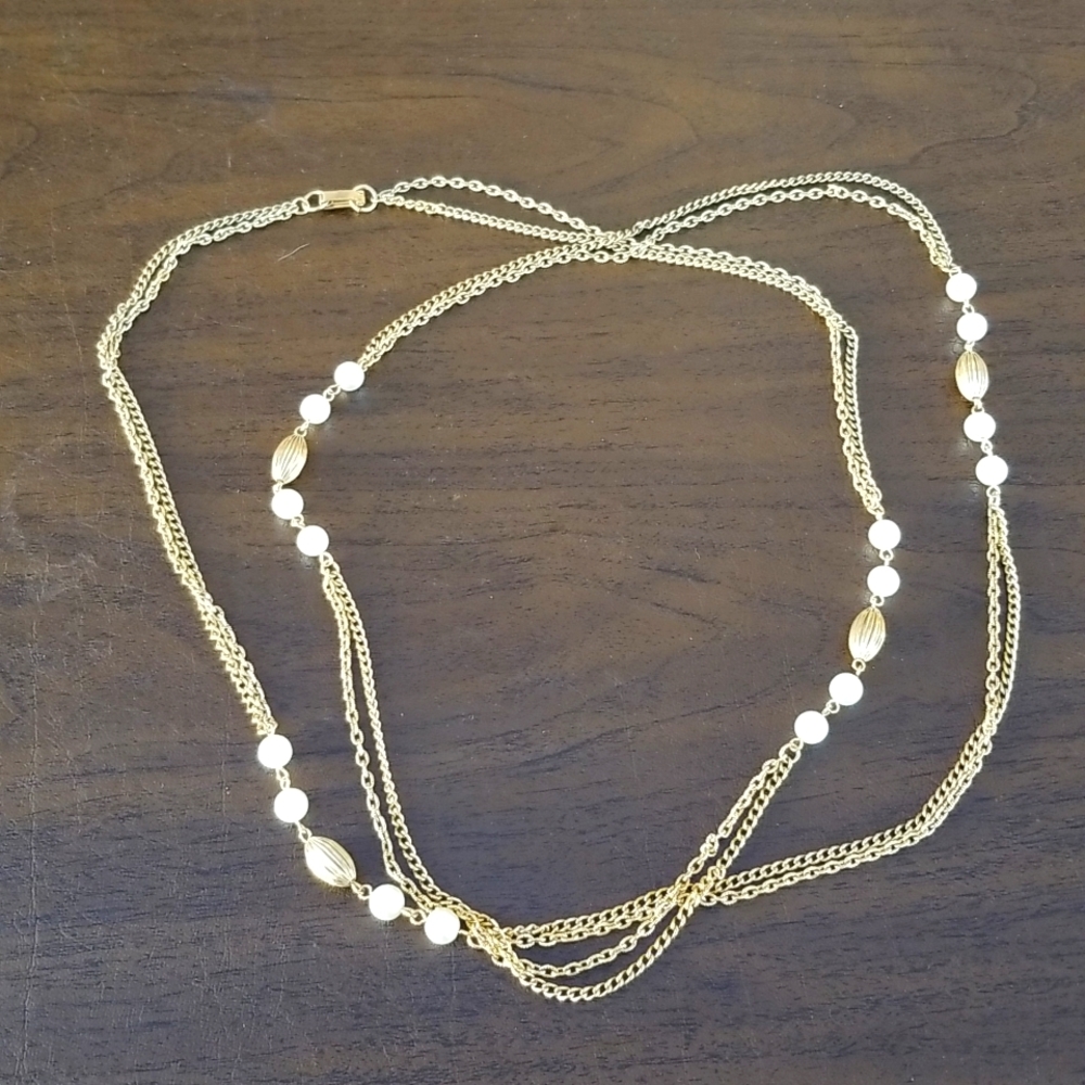 Faux Pearl Flapper Length Gold Tone Costume Double Chain Necklace 52"